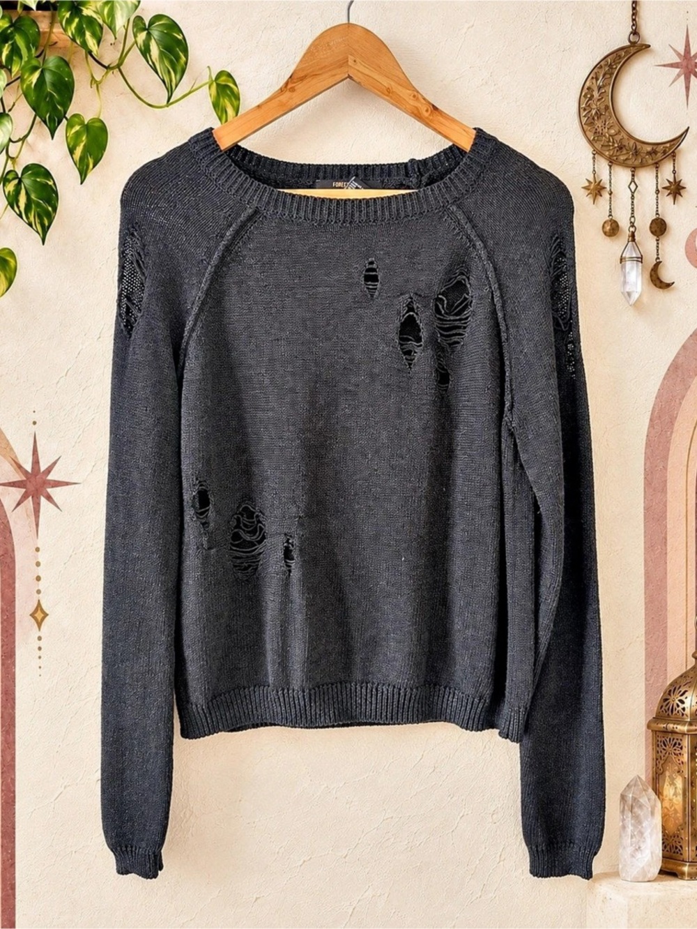 Forever 21 Contemporary Charcoal Distressed Knit Sweater L